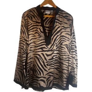 Chico's Tan and Black Zebra-Print V-Neck Blouse with Contrast Trim